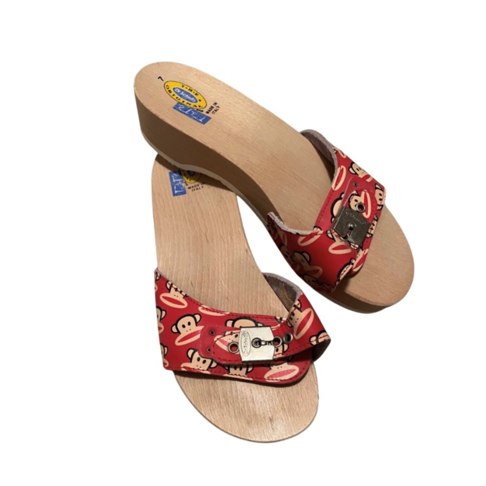 Unique vintage Dr. Scholls Paul Frank Wood/ Leather Sandals!